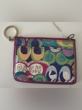 Coach Purple Multicolor Circle Print Card, ID & Coin Holder Keyring